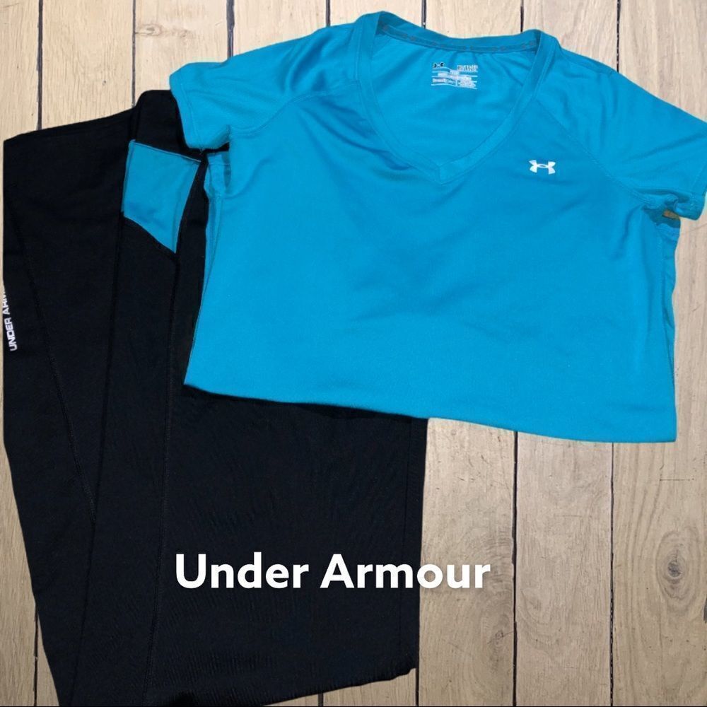 Under Armour black workout pants with blue design